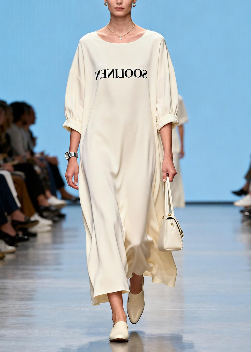 Beige O Neck Print Chiffon Maxi Dresses Summer