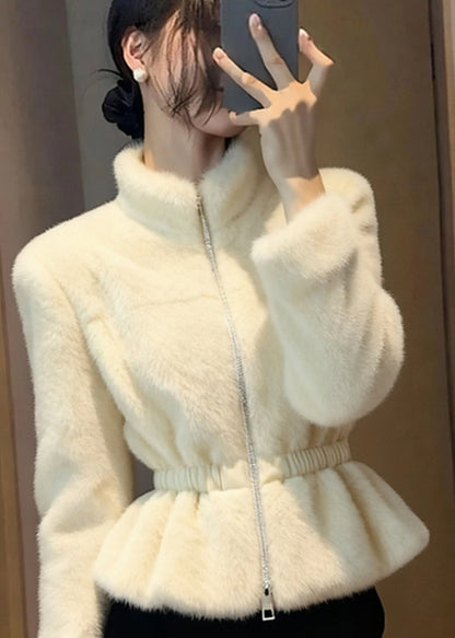 Beige Patchwork Elastic Waist Mink Hair Coats Winter