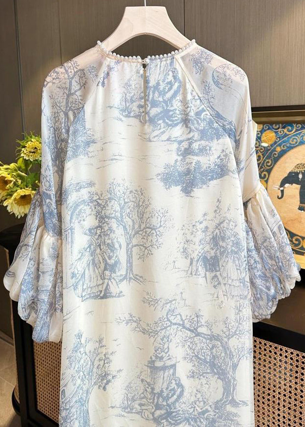 Beige Pearl Print Patchwork Dress Puff Sleeve
