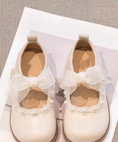 Beige Pearl Tulle Bow for Buckle Strap Platform Flat Shoes