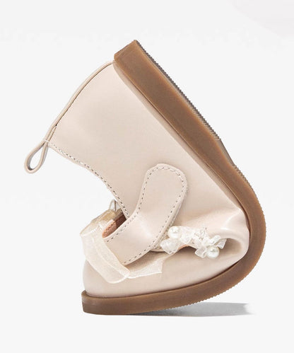 Beige Pearl Tulle Bow for Buckle Strap Platform Flat Shoes