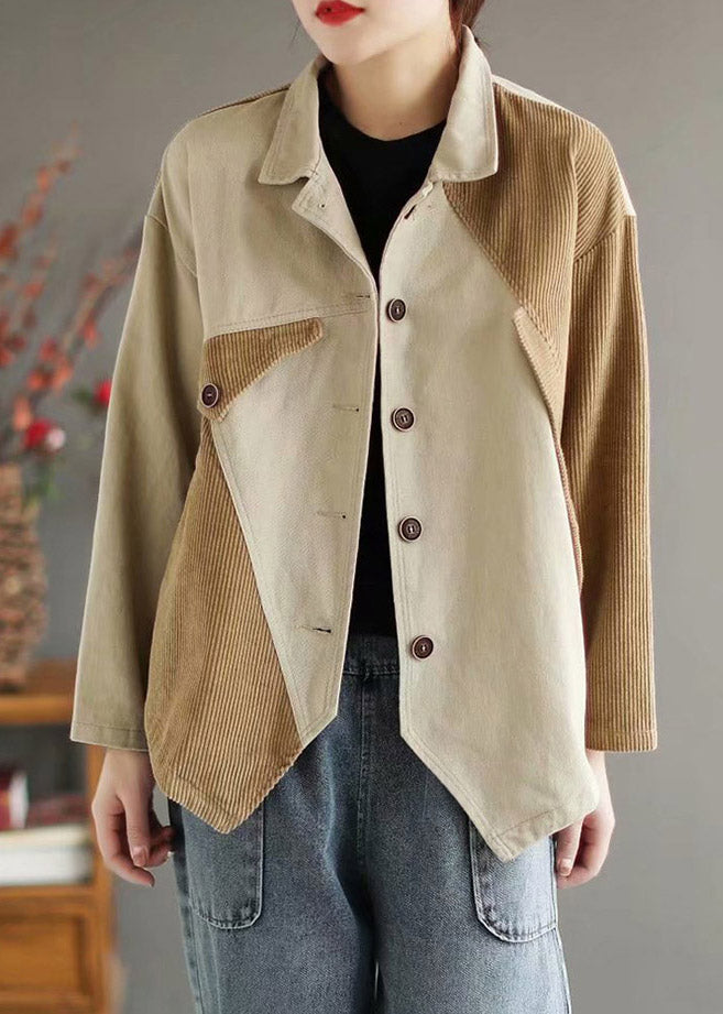 Beige Peter Pan Collar Patchwork Corduroy Coats Long Sleeve