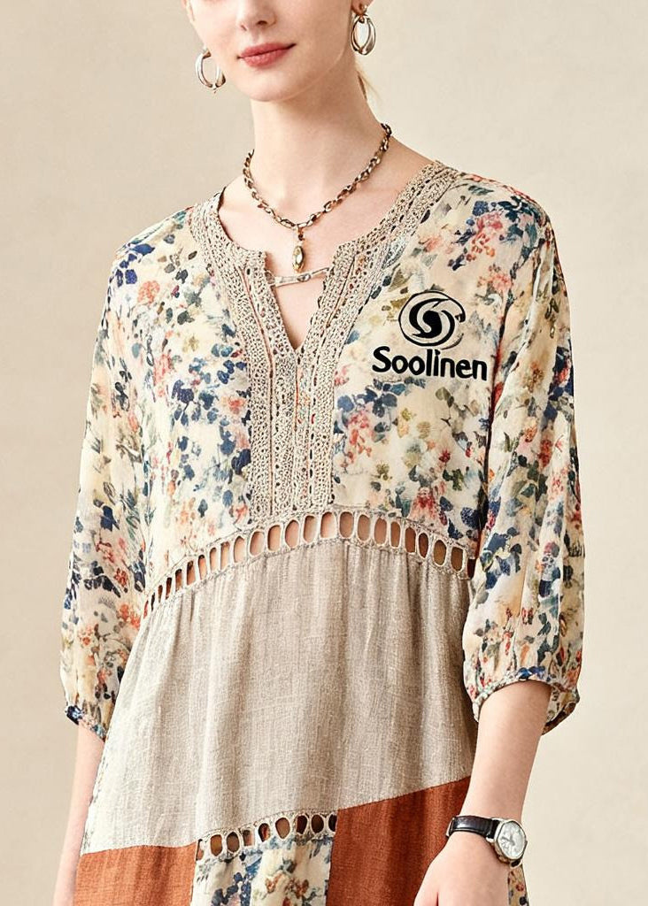 Beige Print Patchwork Hollow Out Cotton Maxi Dress Summer