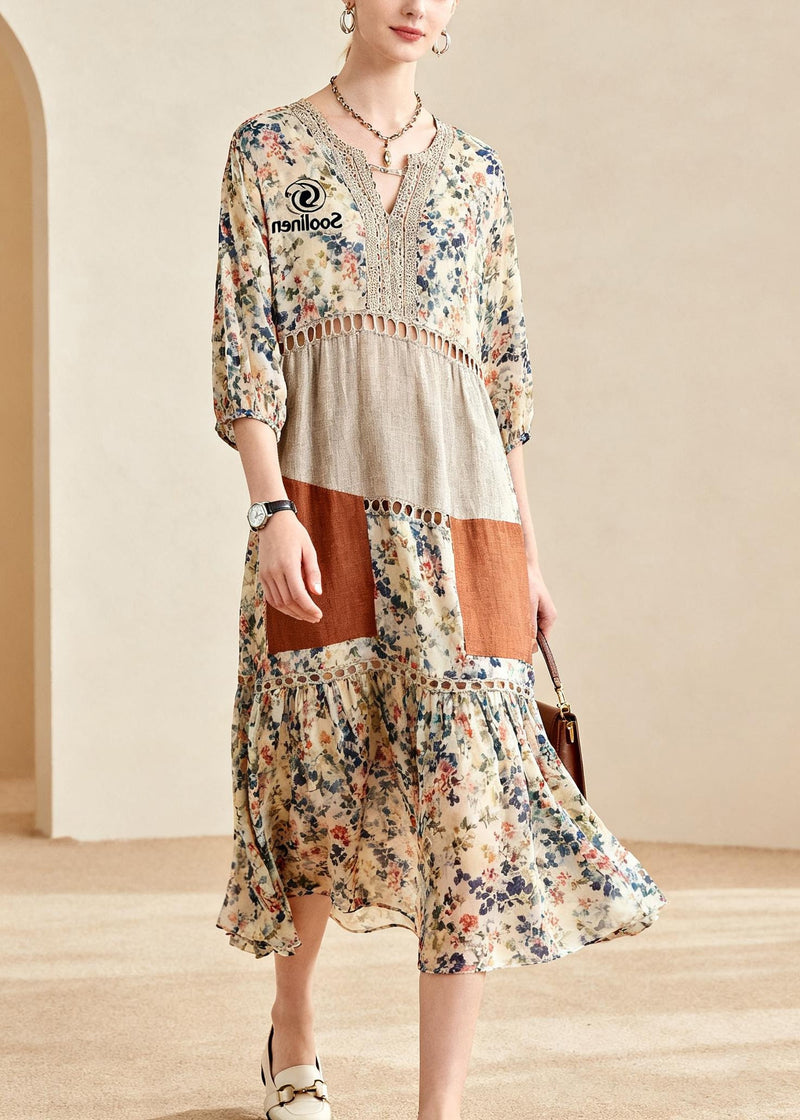 Beige Print Patchwork Hollow Out Cotton Maxi Dress Summer