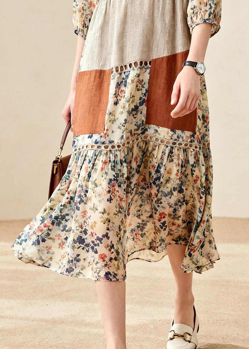 Beige Print Patchwork Hollow Out Cotton Maxi Dress Summer