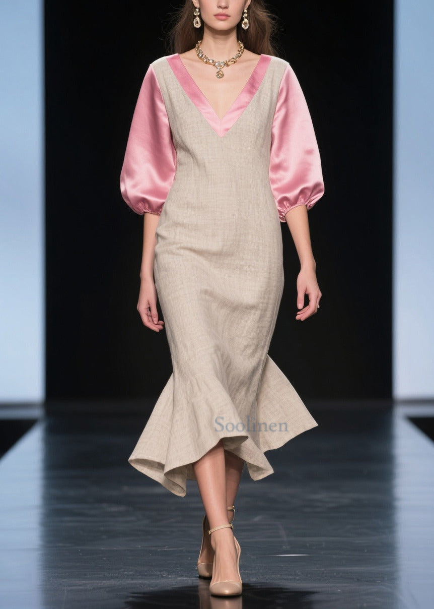 Beige Puff Sleeve Patchwork Linen Silk Maxi Dress Summer