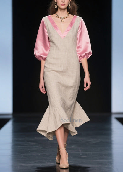Beige Puff Sleeve Patchwork Linen Silk Maxi Dress Summer