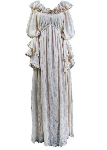 Beige Ruffled Silk Velour Long Dresses Puff Sleeve