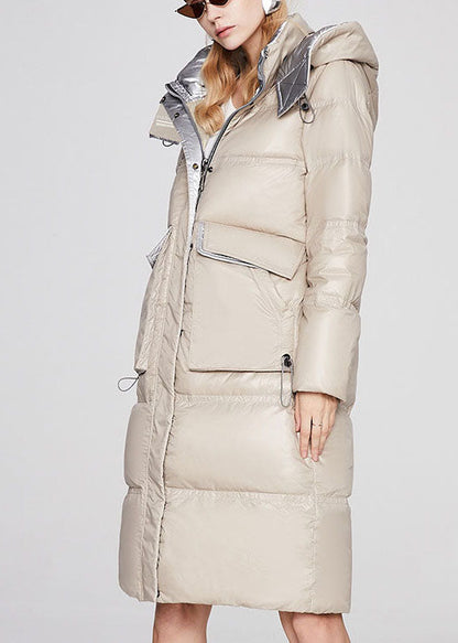 Beige Stand Collar Graphic Winter Duck Down Jacket