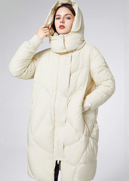 Beige Stand Collar Hooded Duck Down Jacket in Winter