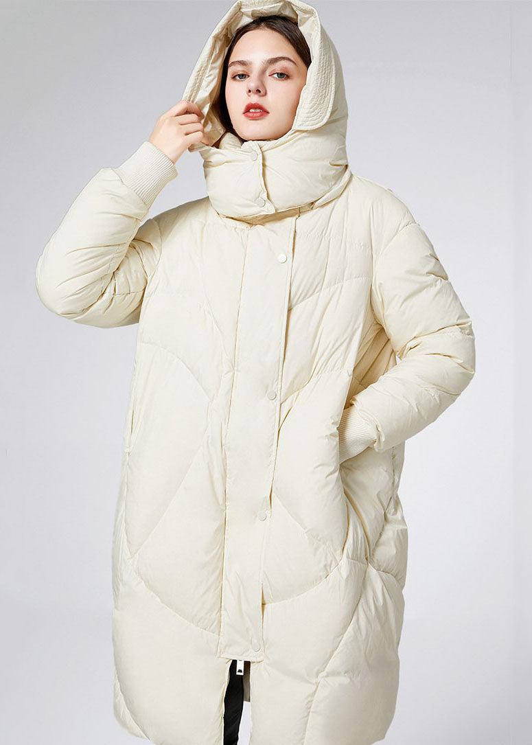 Beige Stand Collar Hooded Duck Down Jacket in Winter
