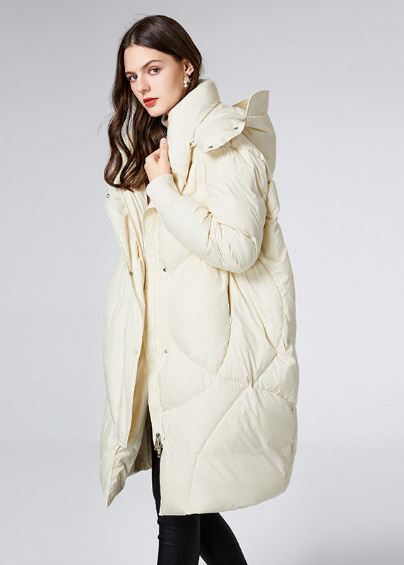 Beige Stand Collar Hooded Duck Down Jacket in Winter