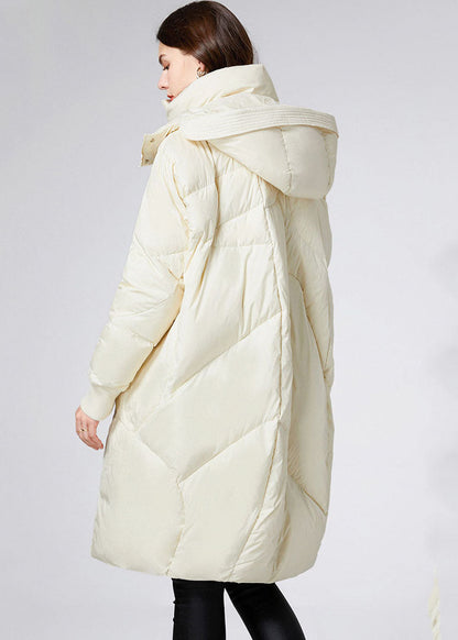 Beige Stand Collar Hooded Duck Down Jacket in Winter