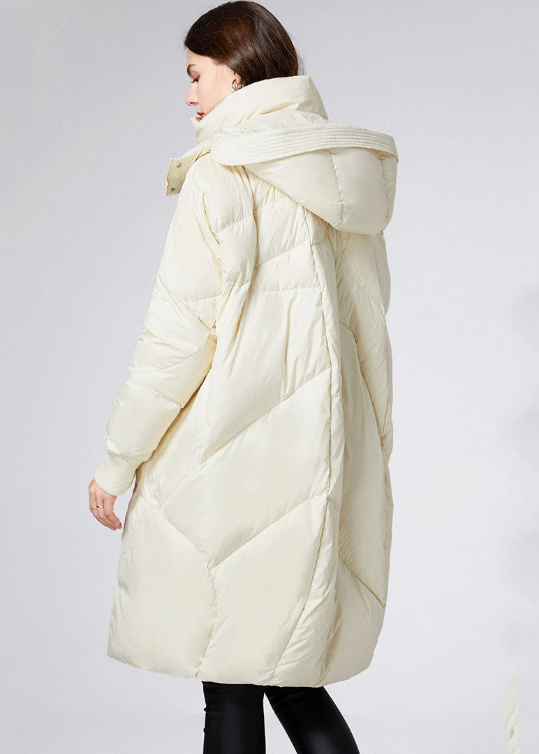 Beige Stand Collar Hooded Duck Down Jacket in Winter