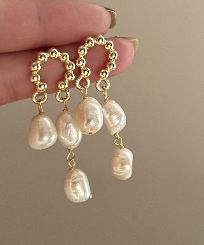 Beige Sterling Alloy Silver Pearl Tassel Drop Earrings