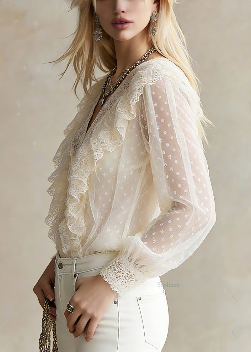 Beige V Neck Dot Lace Tops Lantern Sleeve