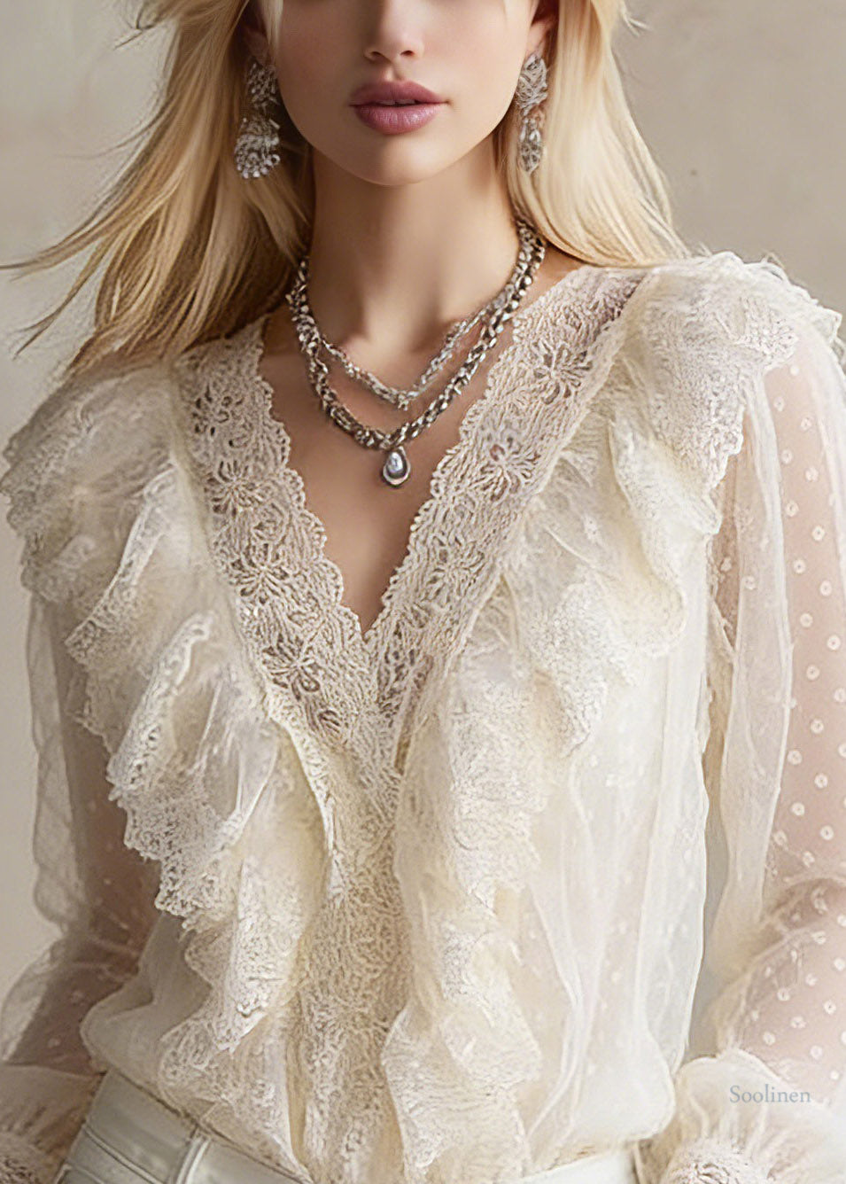 Beautiful Beige V Neck Dot Lace Tops Lantern Sleeve
