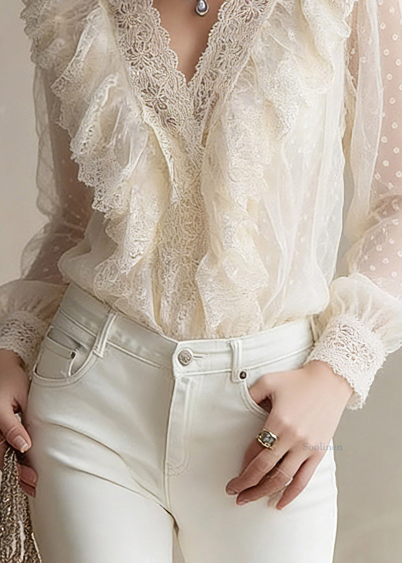 Beige V Neck Dot Lace Tops Lantern Sleeve