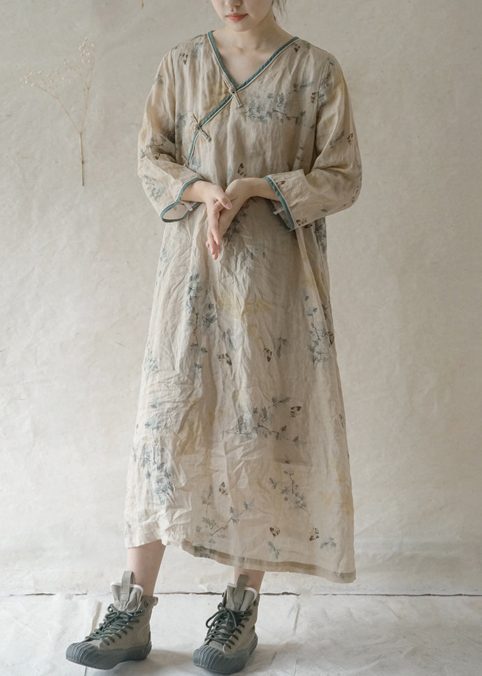 Beige V Neck Print Patchwork Linen Long Dresses Long Sleeve