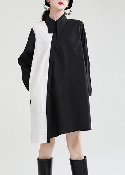 Black Asymmetrical Design Patchwork Fall Dresses Long Sleeve