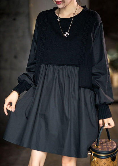Black Asymmetrical Knit Patchwork Cotton Dresses