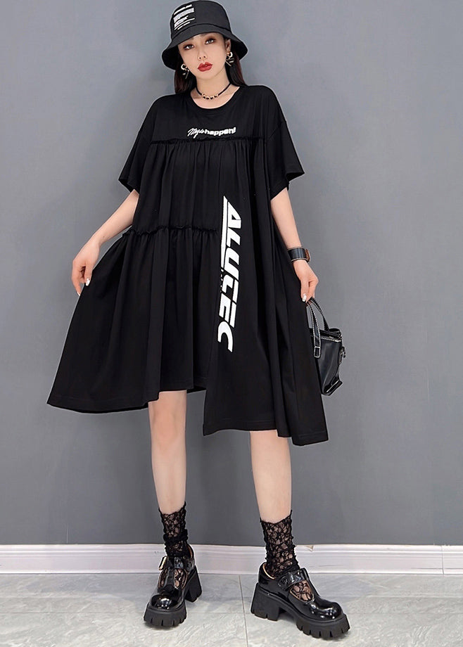 Black Asymmetrical Wrinkled Letter Print Cotton Dresses Short Sleeve