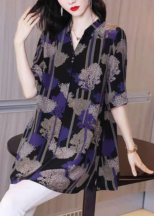 Black Button Peter Pan Collar Print Chiffon Shirt Tops Half Sleeve