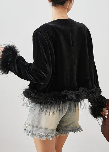 Black Chinese Button Patchwork Feather Silk Velour Jackets Spring