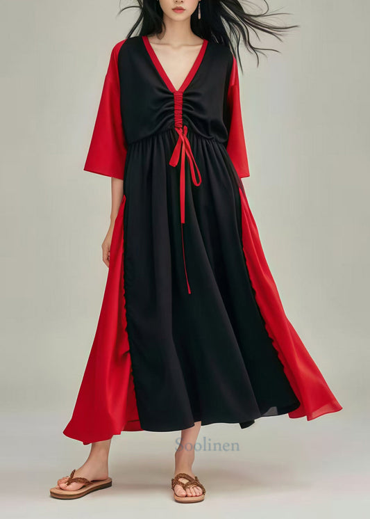 Black Cinched Patchwork Cotton Long Dress Summer