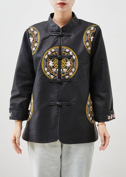 Black Embroidered Chinese Button Faux Leather Coat Spring
