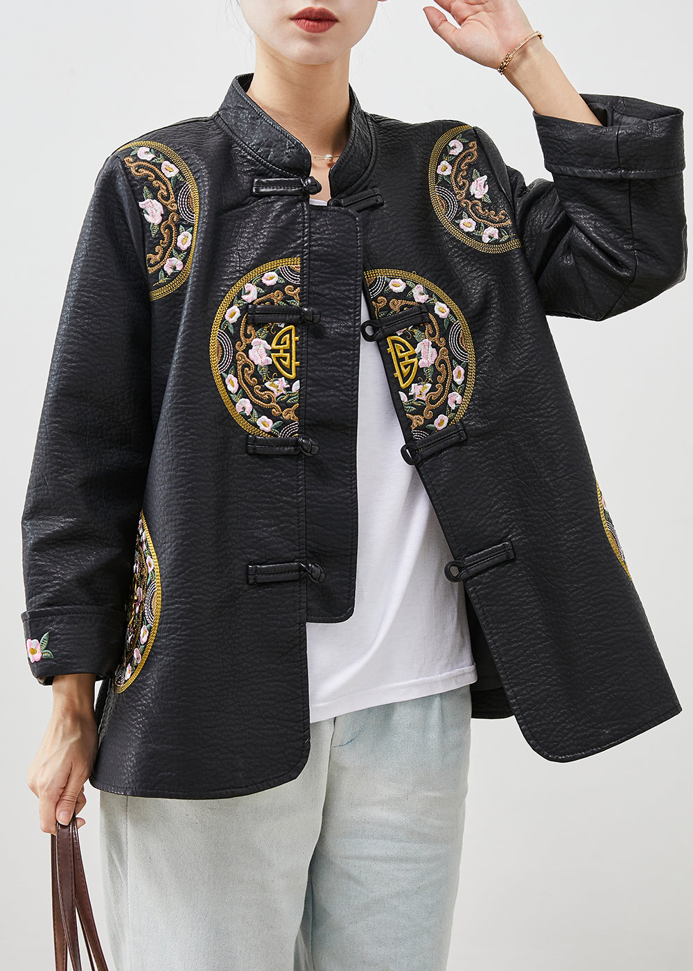 Black Embroidered Chinese Button Faux Leather Coat Spring