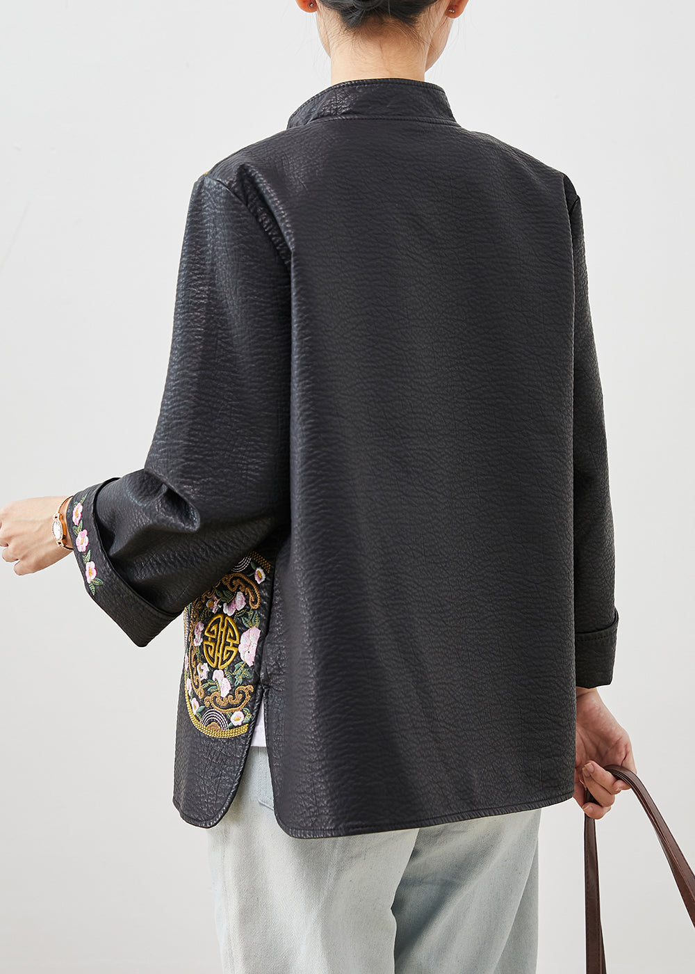Black Embroidered Chinese Button Faux Leather Coat Spring