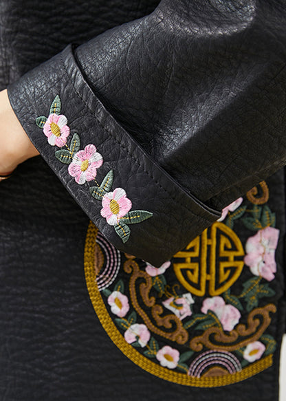 Black Embroidered Chinese Button Faux Leather Coat Spring