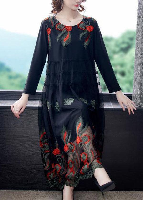 Black Embroideried Patchwork Tulle Party Dress Spring