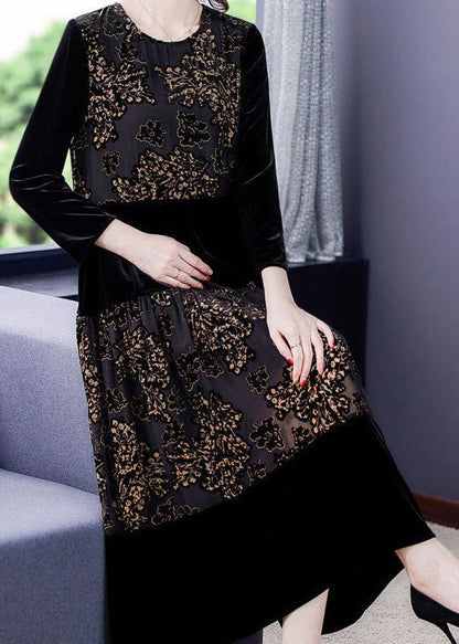 Black Embroideried Tulle Patchwork Silk Velour Dresses Spring