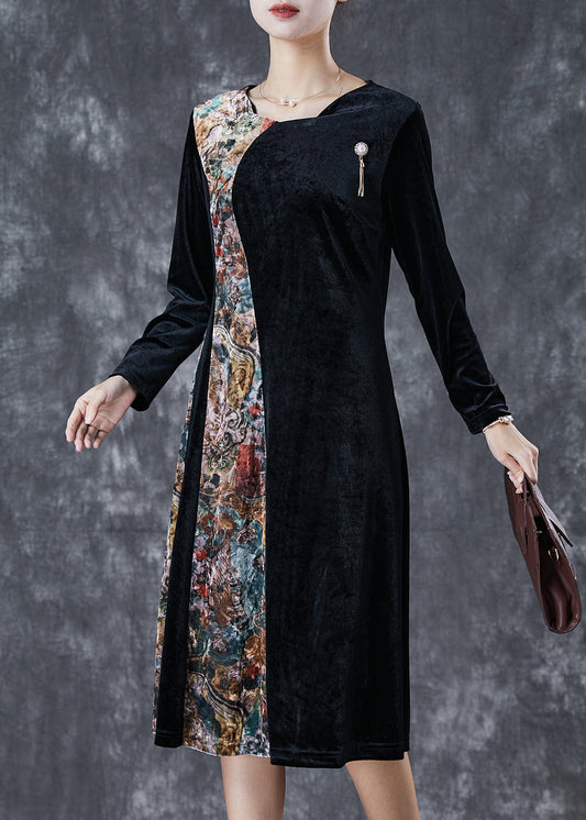 Black Exra Large Hem Patchwork Silk Velour Vacation Dresses Fall