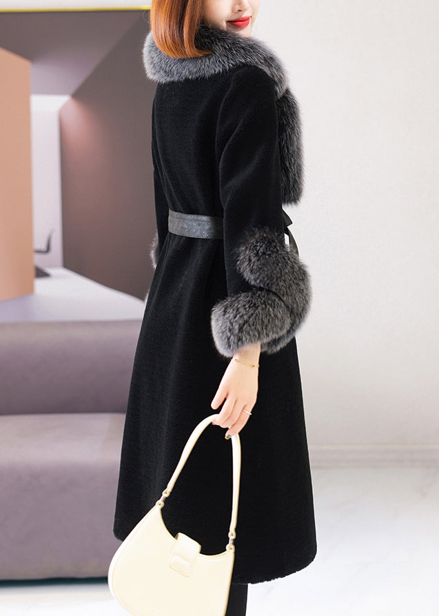Black Fox Collar Tie Waist Woolen Long Coat Winter