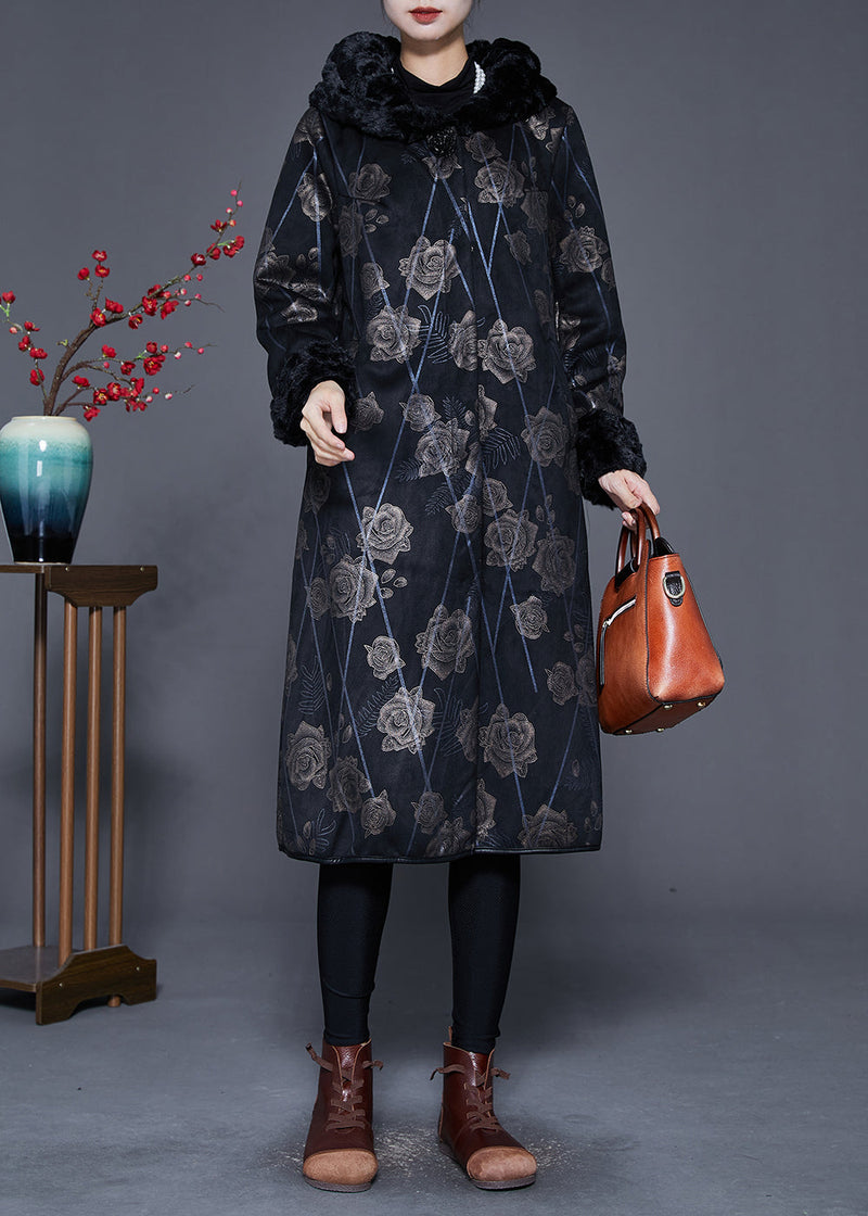 Black Fur Collar Print Warm Fleece Coat Outwear Winter