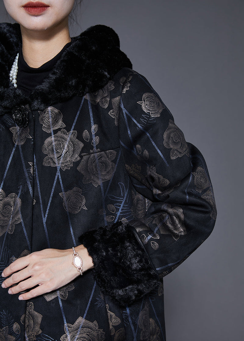 Black Fur Collar Print Warm Fleece Coat Outwear Winter