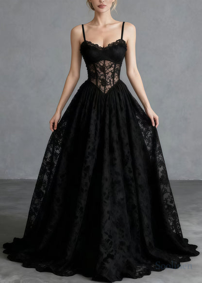 Black Hollow Out Exra Large Hem Lace Cami Dresses Summer