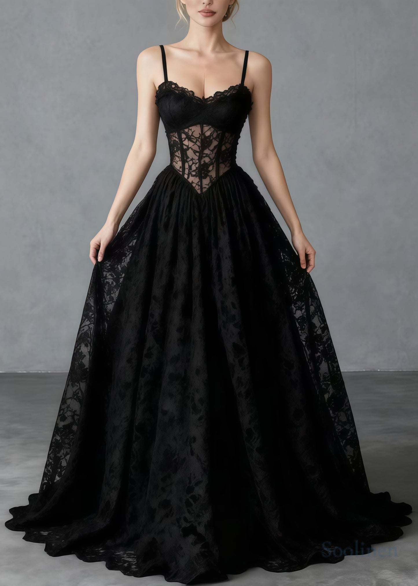 Black Hollow Out Exra Large Hem Lace Cami Dresses Summer