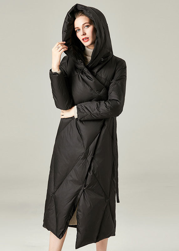Black Hooded Asymmetrical Design Duck Down Winter Coats