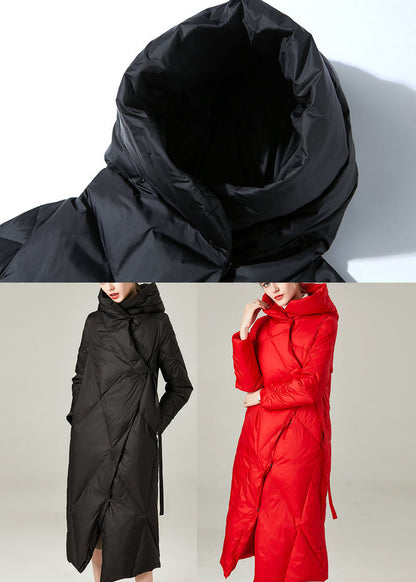 Black Hooded Asymmetrical Design Duck Down Winter Coats