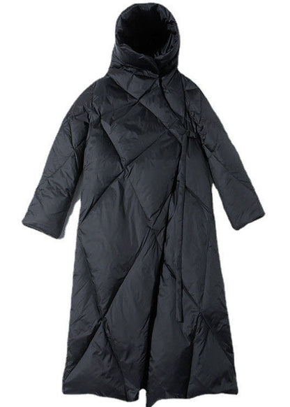 Black Hooded Asymmetrical Design Duck Down Winter Coats