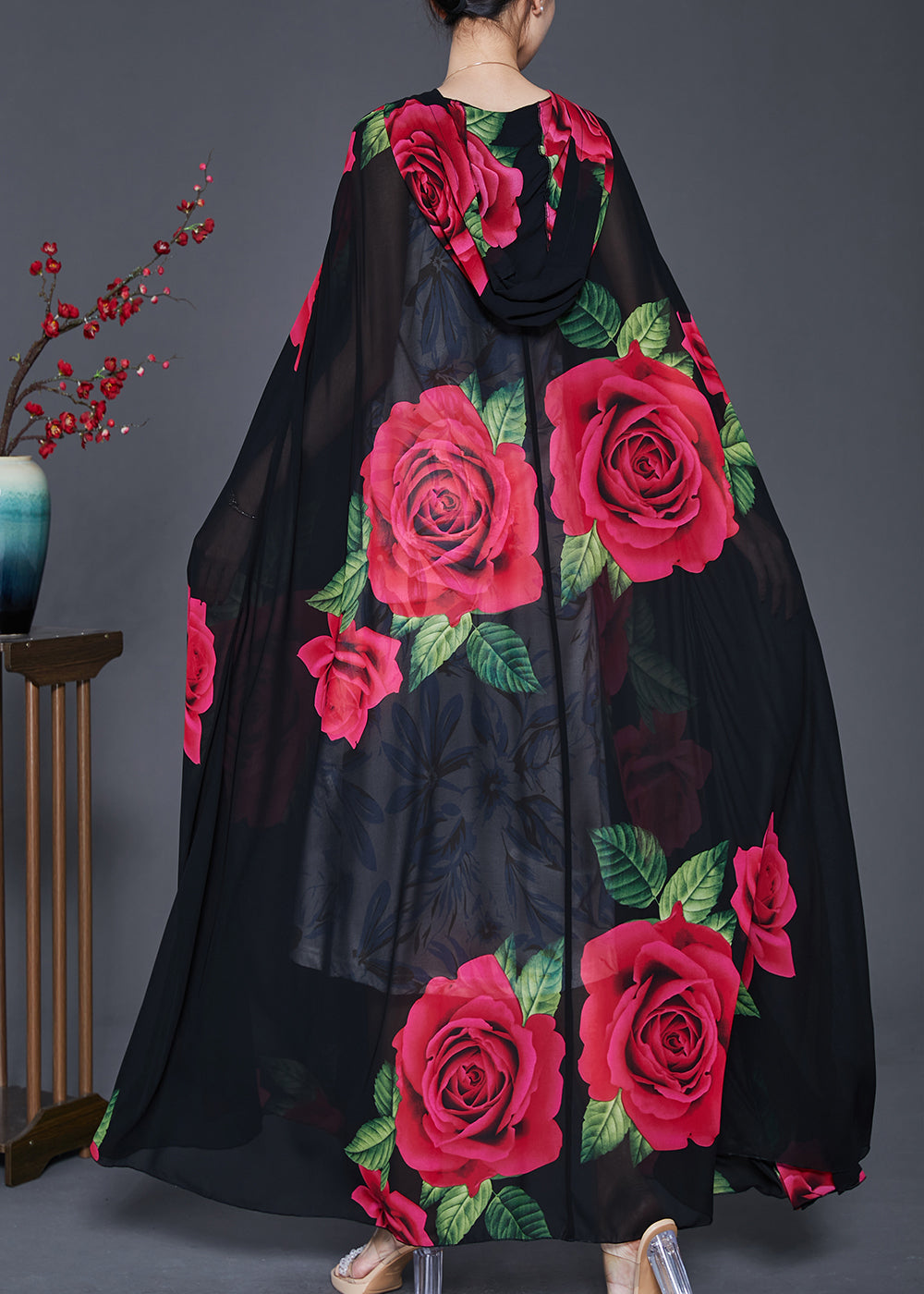 Black Hooded Print Chiffon Cardigan Spring