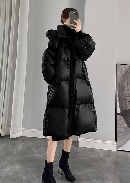 Black Hooded Zippered Thick Duck Down Puffers Jackets Winter