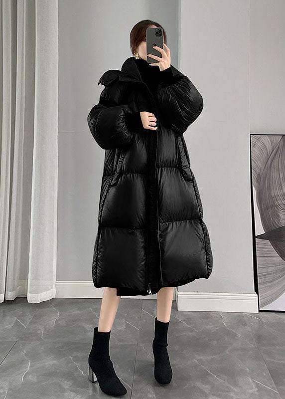 Black Hooded Zippered Thick Duck Down Puffers Jackets Winter
