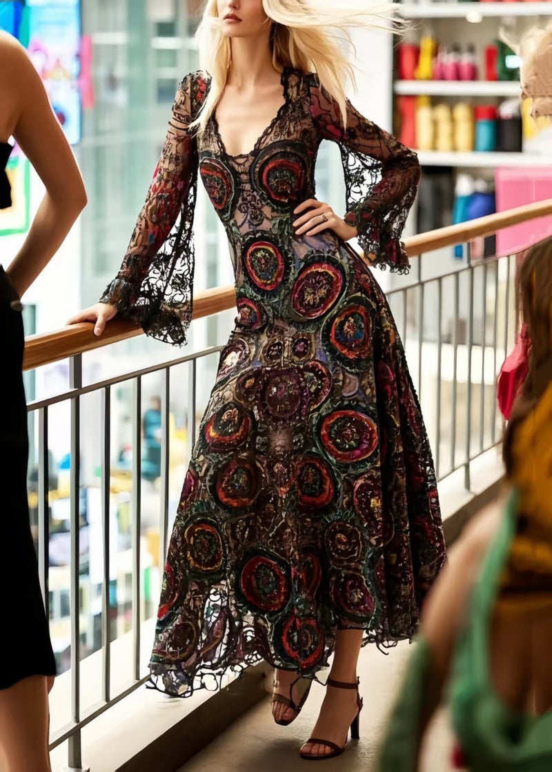 Black Print D Hollow Out Lace Dinner Dresses Summer
