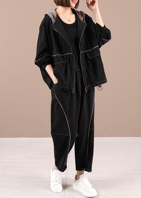 Loose Hooded Zippered Fall Two Pieces Set