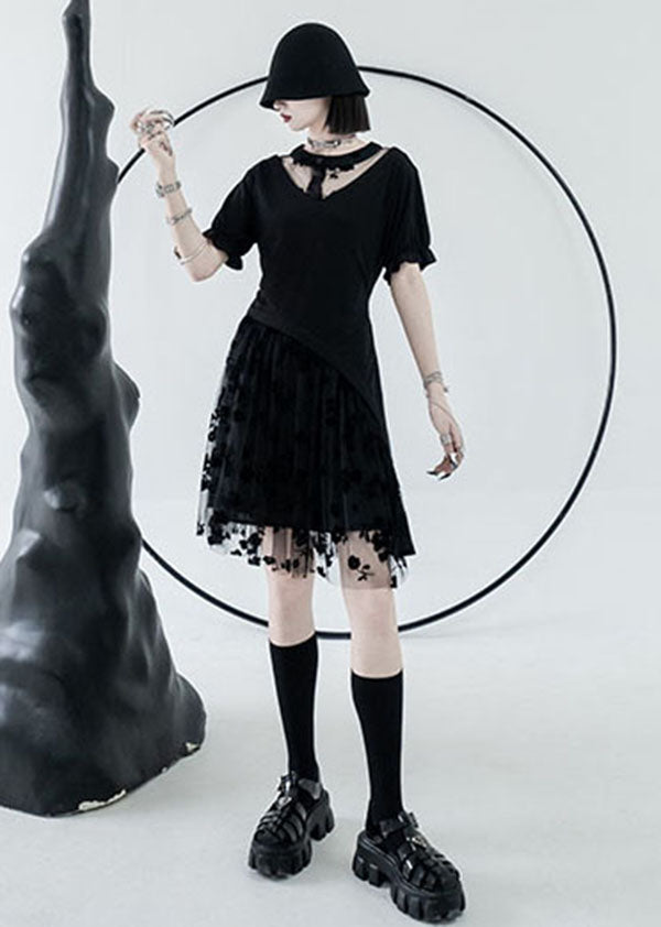 Black O-neck Asymmetrical Design Tulle Cotton Mid Dress Summer